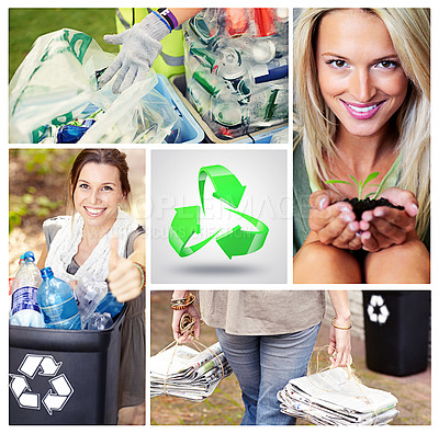 Buy stock photo Collage, recycle and eco friendly with sustainability, development and green for earth, nature and environment. Montage, portrait and woman recycling plastic for plants, ecology and biodiversity