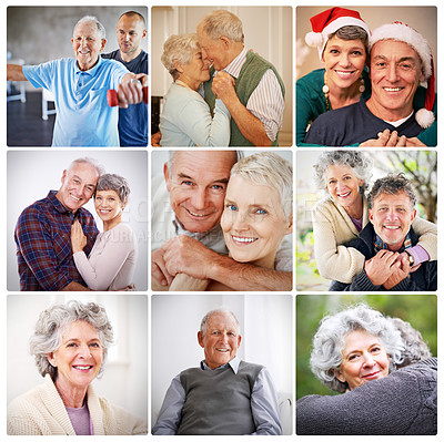 Buy stock photo Collage, portrait and senior couple in retirement for photo album, happiness and love. Elderly marriage, christmas and fitness with special moments for notebook, gallery and picture collection