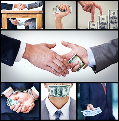 Buy stock photo Bribery, white collar crime and corruption in collage at company or state for personal, gain and profit. Law breaking, collusion and business in government, politics or police in corporate or society