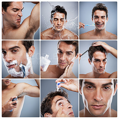 Buy stock photo Man, in portrait and grooming body for skincare, wellness or beauty with razor, toothbrush and face wash. Person, fresh and clean in studio for hair, eye or dental cosmetics confident and prepared