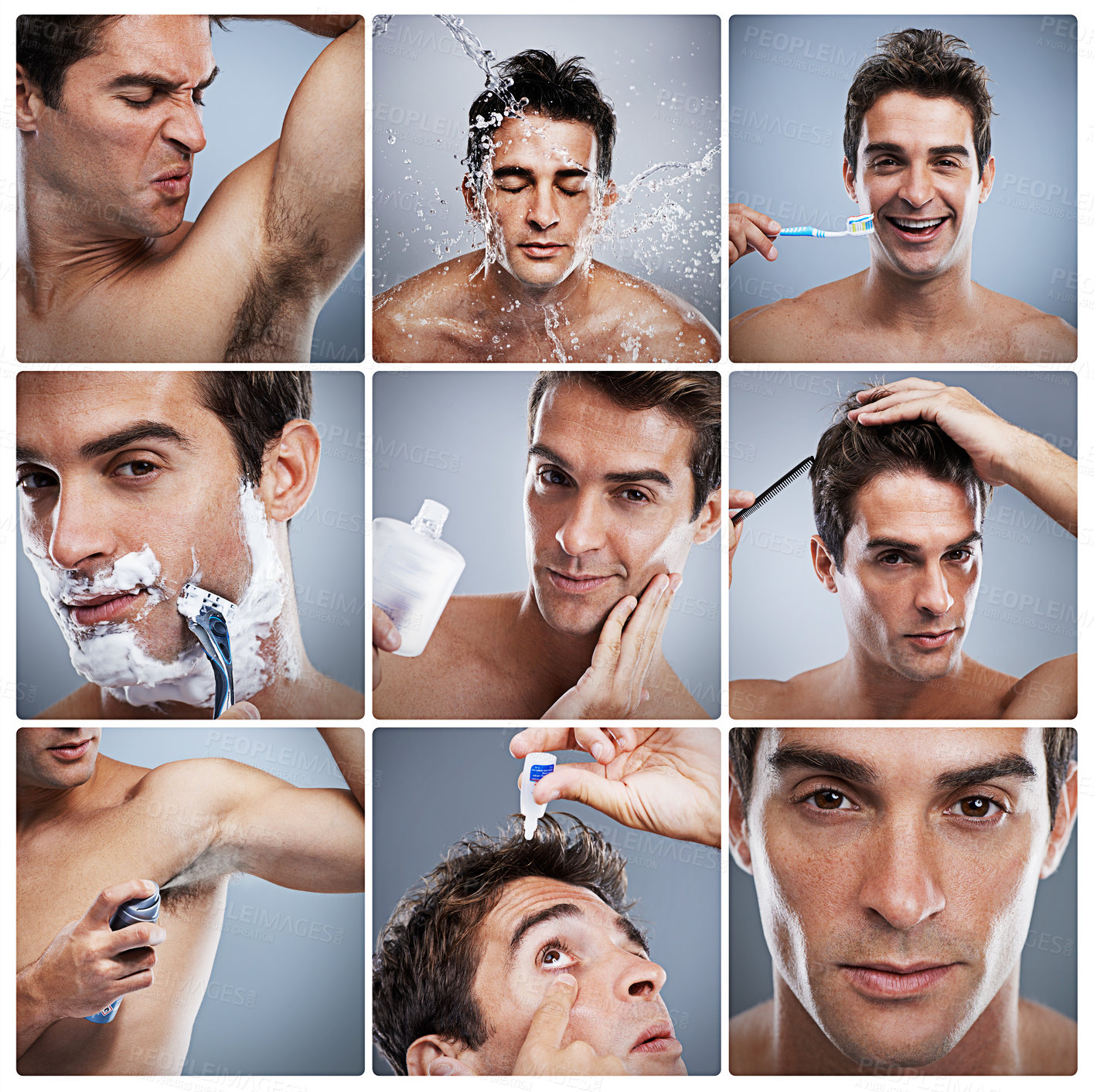 Buy stock photo Man, portrait or collage in studio grooming body for skincare, wellness or beauty with hygiene products. Person, fresh and clean in composite for hair, eye or dental cosmetics with grey background