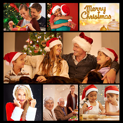 Buy stock photo Family, happy and together for christmas decoration, festive season or holidays opening gifts and cheerful. Parents, grandparents and children happily bonding for unboxing, presents or eating dinner