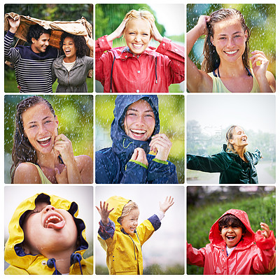 Buy stock photo People, happy and excited to play outdoor in rain for change of season in autumn, winter or spring. Man, woman and children enjoy water, refreshment or weather switch and use clothes for protection.