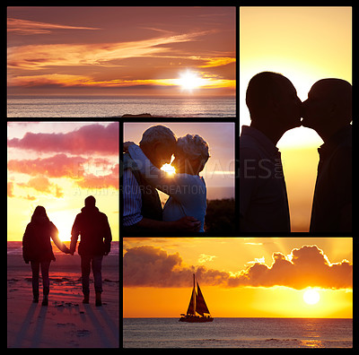 Buy stock photo Couple, ocean and sunset kiss in romantic silhouette, for love, traveling and bonding. Man, woman and hug on evening collage on the beach for relationship, happiness or summer memory together 