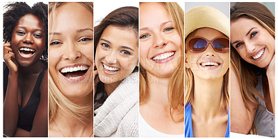 Buy stock photo Woman, collage and face, diversity with smile for international and different race. Portrait, global female and banner with skincare for natural beauty are together with happiness around the world.