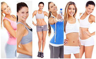 Buy stock photo Collage, fitness and woman with water, portrait and confidence for hydration, wellness and health. Montage, exercise and female athletes with white background for body, diet and motivation in studio