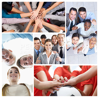 Buy stock photo Collage, teamwork and collaboration in group for success in huddle for team building in office. Composite, together and connection with contact in joining, hands and meeting for strategy on vision