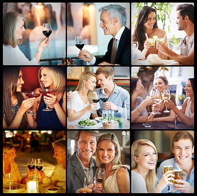 Buy stock photo Collage, people and alcohol in restaurant with portrait for love, glass and wine. Couple, beverages and drink with beer, cocktails and margarita for happiness, together and celebration or toast