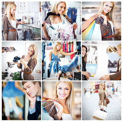 Buy stock photo Collage, happy woman and portrait for shopping in store with man, bank card and retail bags. Composite, fashion and face of female customer with purchase in boutique for cool, discount deal and smile