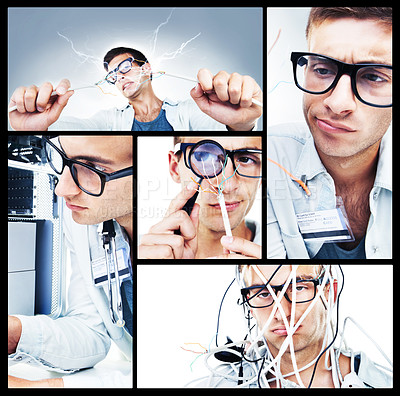 Buy stock photo Collage, technology and technician trying to repair wires, server and system maintenance. Montage, tech and electrician or nerd fail to fix hardware, problem and shocked by electricity or power