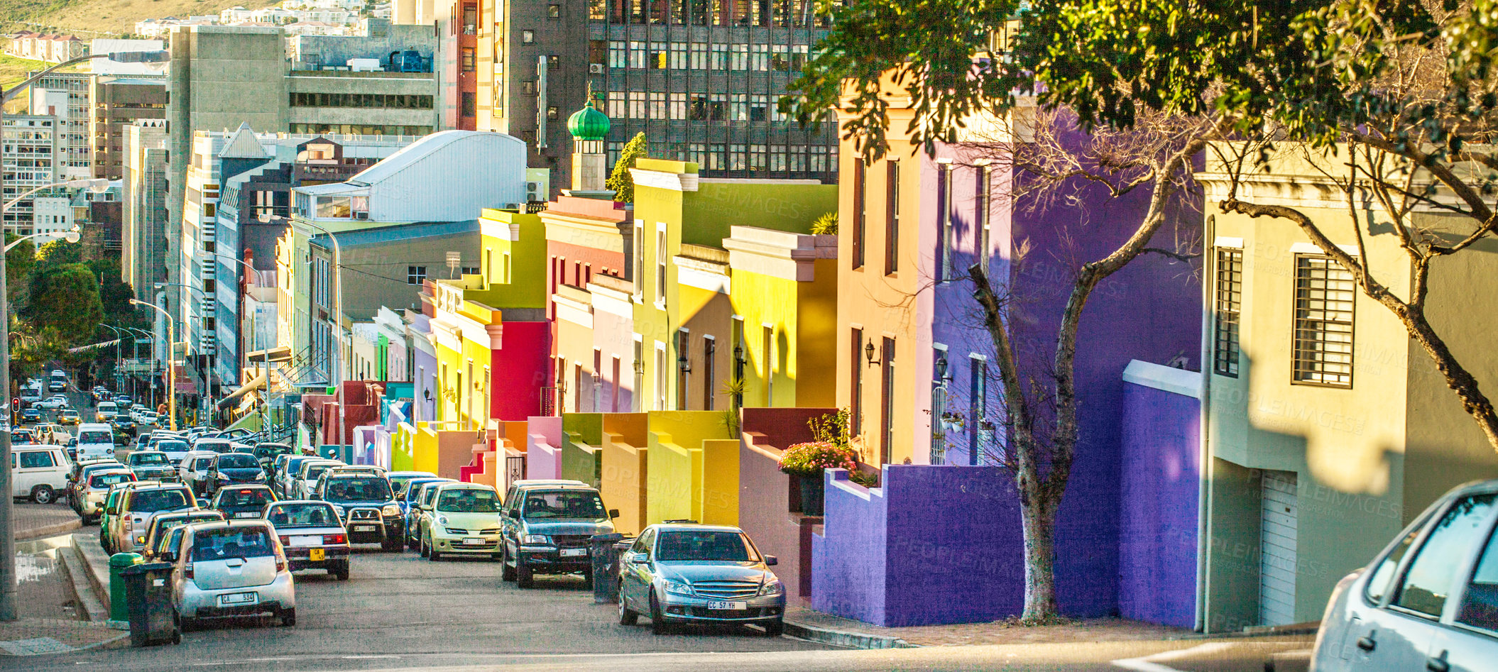 Buy stock photo Shot of the colorful homes of the Bo Kaap, Cape Town