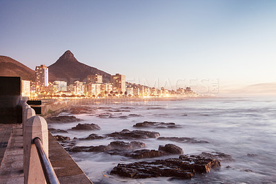 Buy stock photo Cropped shot of a coastline city