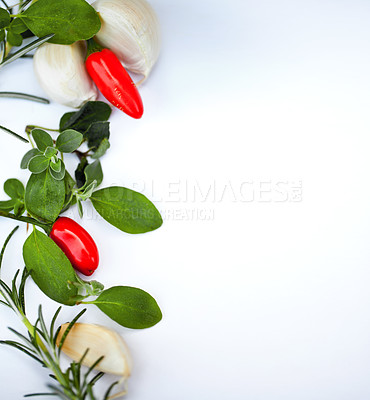 Buy stock photo Cooking, spices and ingredients with food and mockup in studio with green herbs and vegetables. Healthy diet, nutrition and white background with vegan and garlic and template space for recipe