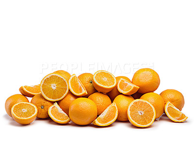 Buy stock photo Vitamin C, citrus and orange with fiber, slices in studio for health or wellness in mockup space. Nutrition, healthy and food as fruit, antioxidant and juice for organic, eating and diet as snack