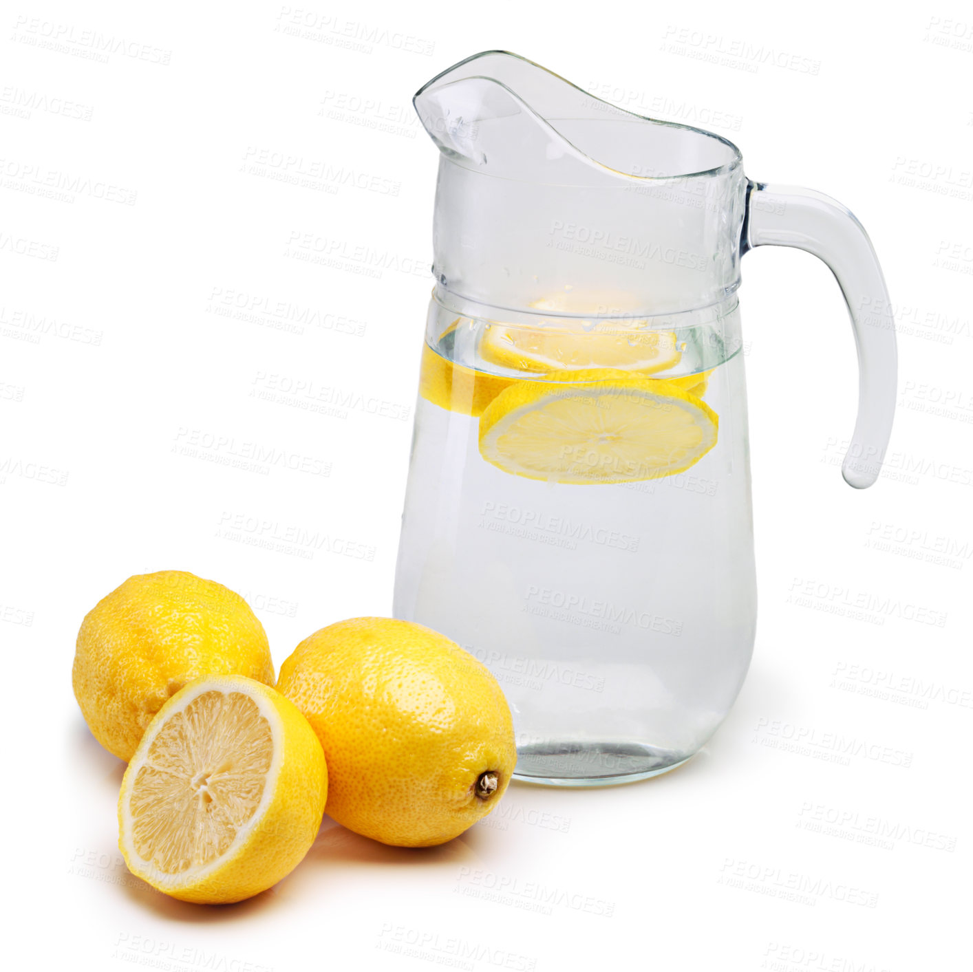 Buy stock photo Lemon, fruit and citrus with jug of water for vitamin c, hydration or healthy nutrition on white background. Food, organic produce and detox for natural wellness, antioxidants or minerals in studio