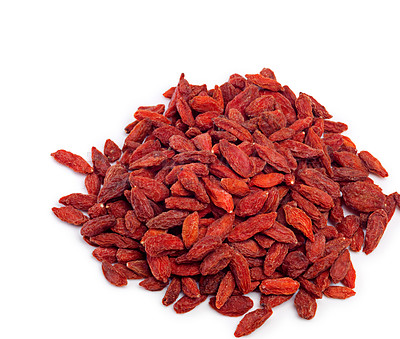 Buy stock photo Goji berries, studio isolated white background for natural, organic and antioxidant as snack for weight loss. Vegan, dried fruit and red seeds produce vitamin c, fibre and nutrients for wellness 