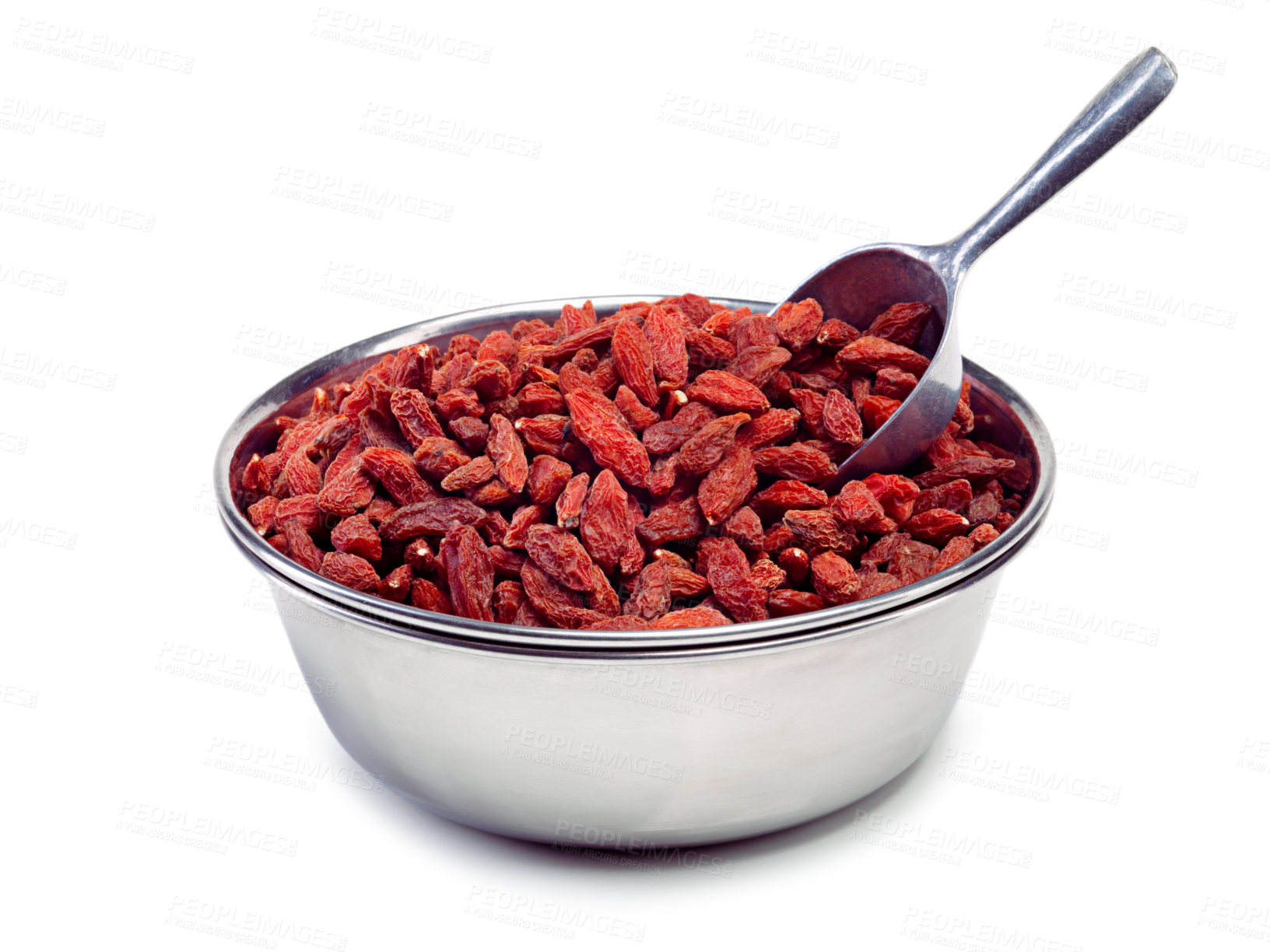 Buy stock photo Goji berries, health and fruit by white background for wellness, nutrition and diet with metal bowl. Chinese wolfberry, organic and vitamins in studio for supplement with super food, fibre and raw