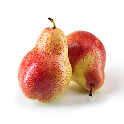 Buy stock photo Still life, studio and pears on backdrop and isolated for advertisement, fruit or food and wellness. Fresh produce, zoom and alone on white background for health or red, natural or color and healthy