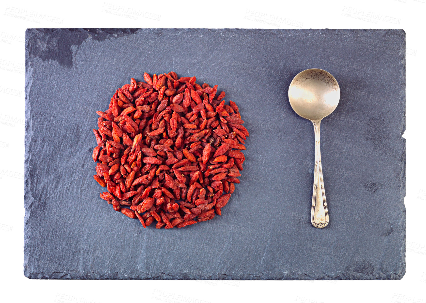 Buy stock photo Pile, healthy and goji berries with spoon in studio for nutrition, organic and antioxidant as snack for health. Vegan, fruit and seeds produce vitamin c for wellness on isolated white background