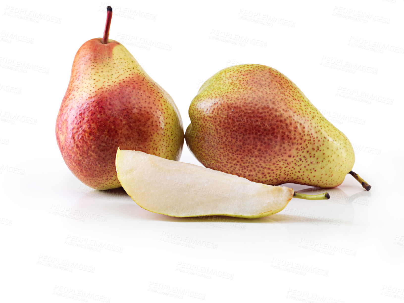 Buy stock photo Pear, fruit and stem in studio for vitamin c, minerals and healthy nutrition on isolated white background. Food, fresh produce and organic for natural wellness, antioxidants or balanced diet