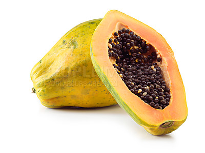 Buy stock photo Papaya, fruit and isolated for diet with seeds and open, nutrition and wellness or healthy. Pawpaw. food and natural with zoom for center and color, weight loss and vitamin c or vegan in studio