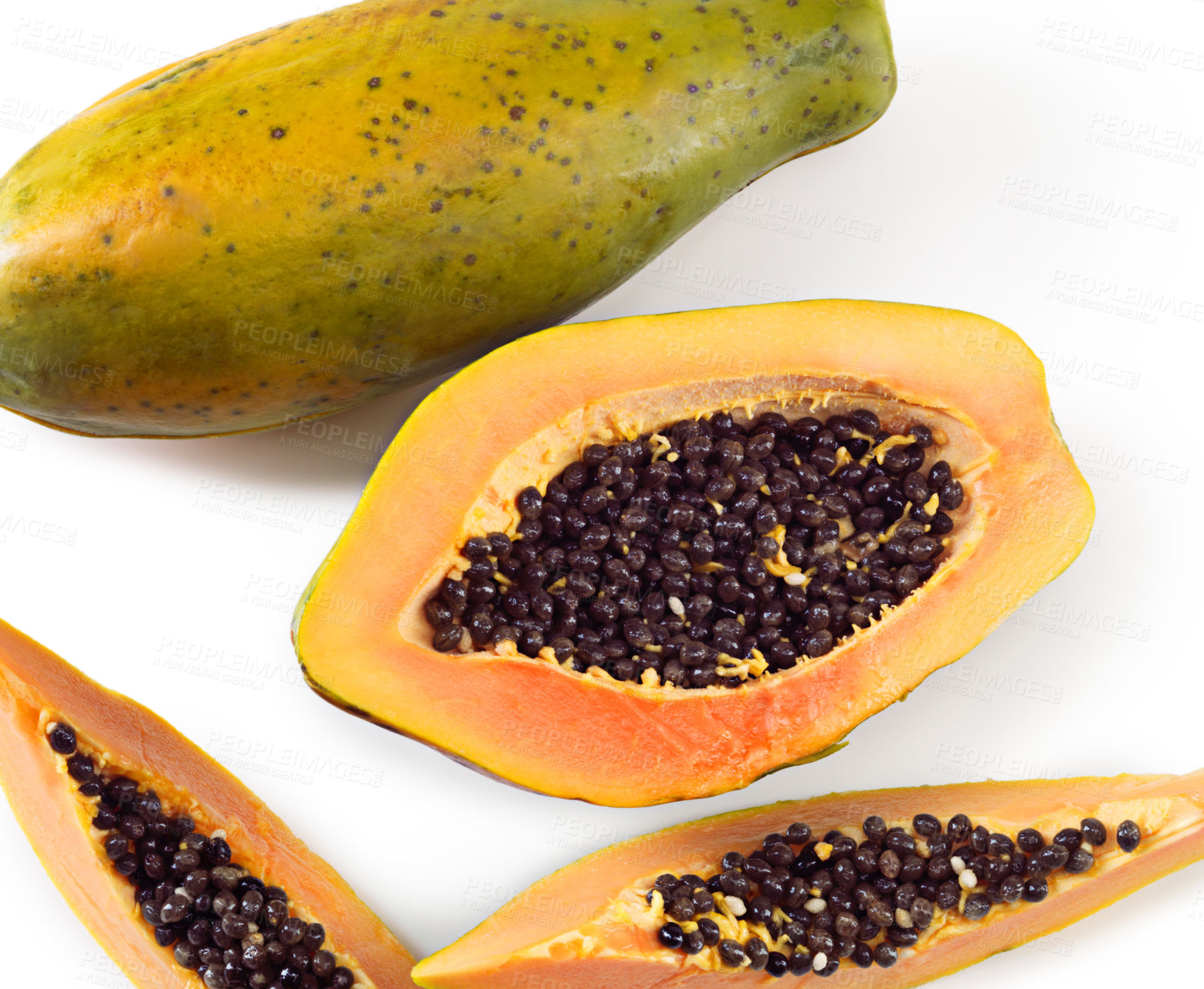 Buy stock photo Half, ripe and papaya fruit on isolated studio with white background for natural, healthy, nutrition and wellness of tropical as exotic snack. Vegan, fresh and sweet pawpaw for diet of weight loss
