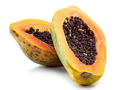 Buy stock photo Pawpaw, fruit and isolated for diet with seeds and open, nutrition and wellness or healthy. Papaya. food and natural with zoom for center and color, weight loss and vitamin c or vegan in studio