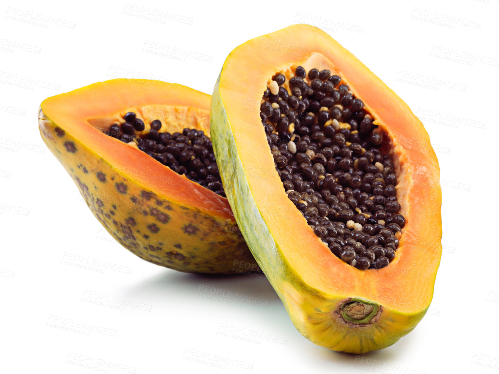 Buy stock photo Pawpaw, fruit and isolated for diet with seeds and open, nutrition and wellness or healthy. Papaya. food and natural with zoom for center and color, weight loss and vitamin c or vegan in studio