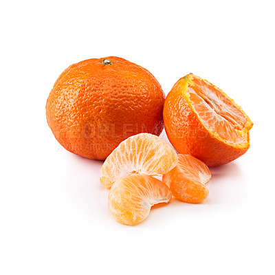 Buy stock photo Tangerine, fruit and citrus slice in studio for vitamin c, diet and healthy nutrition on isolated white background. Food, closeup and organic for natural wellness, health and eating on mockup