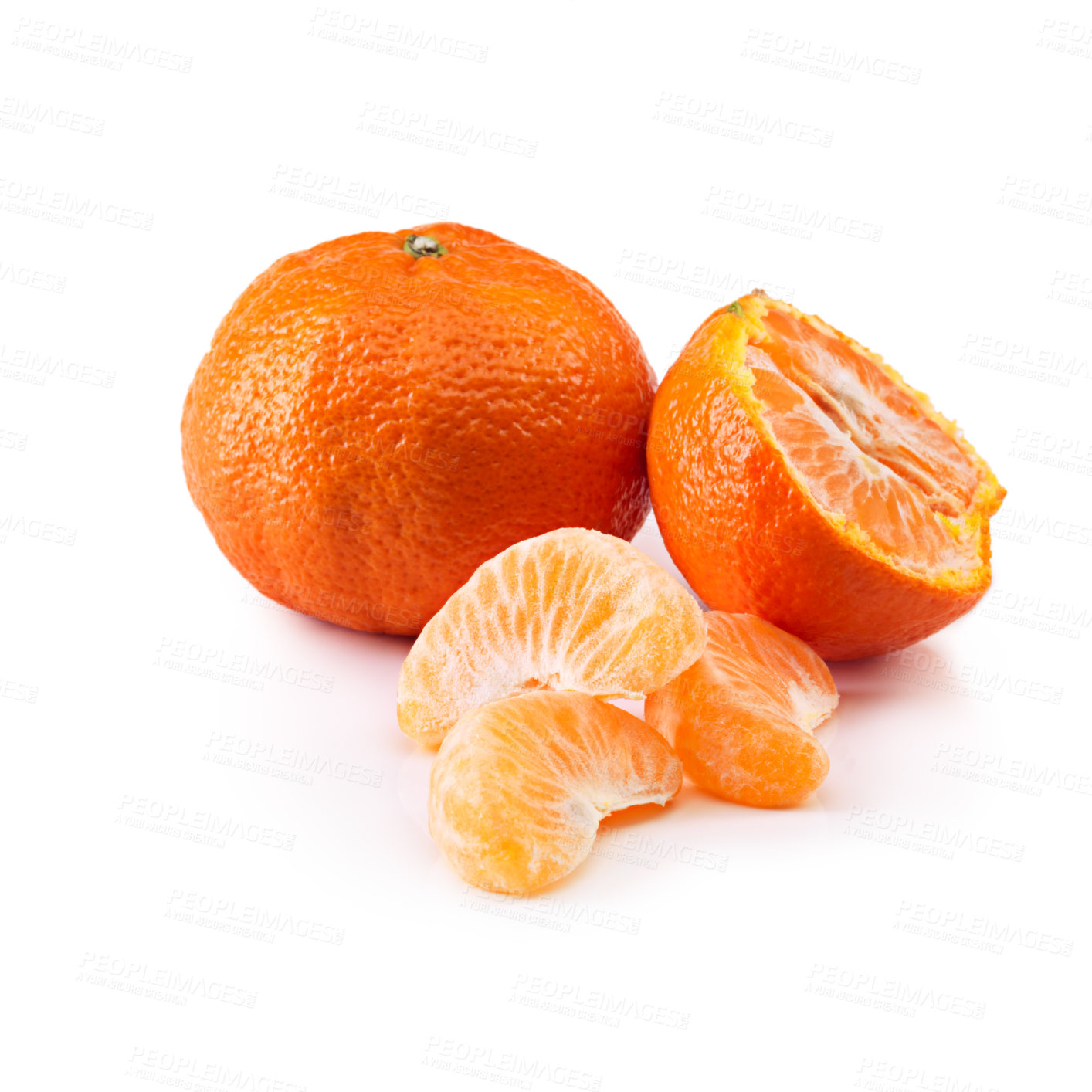 Buy stock photo Tangerine, fruit and citrus slice in studio for vitamin c, diet and healthy nutrition on isolated white background. Food, closeup and organic for natural wellness, health and eating on mockup