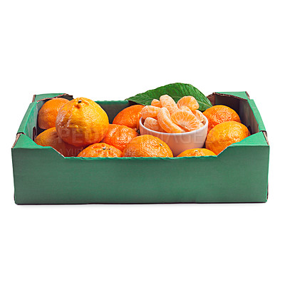 Buy stock photo Fresh, fruit and healthy tangerine for diet on isolated studio with white background for natural, vitamins, nutrition and snack in container. Vegan, organic and sweet citrus nectarines for wellness

