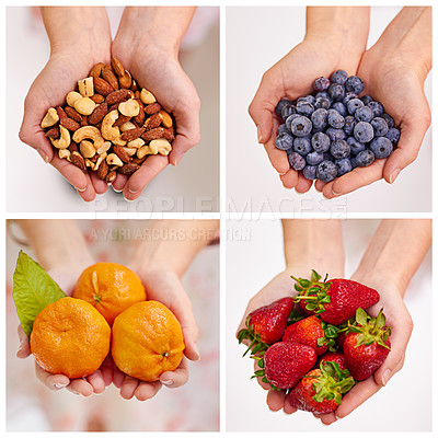 Buy stock photo Collage, fruit and hands for healthy choice, nutrition and detox for wellness, vegan and nutrients. Nuts, blueberries and tangerine with strawberry for antioxidant, vitamin c and diet on composite 