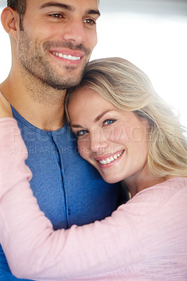 Buy stock photo Couple, happy and embrace in portrait for love, relationship or memories together. Man, woman and romantic hug smile for dating, compassion or care  in home cheerful for support, commitment and trust