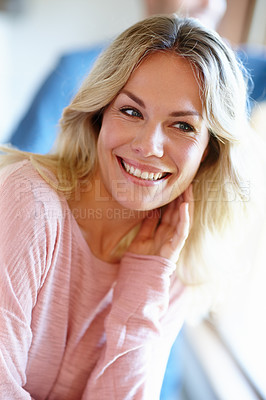 Buy stock photo Caucasian, woman and smile with closeup in house and hand, together or couple and love. Female, happy or joy at home and alone in portrait, relationship or marriage or family time with bonding