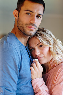 Buy stock photo Couple, divorce and hug in portrait for love, relationship or memories together. Man, woman and sad embrace for breakup, compassion or care in home for supporting, commitment and trust issue