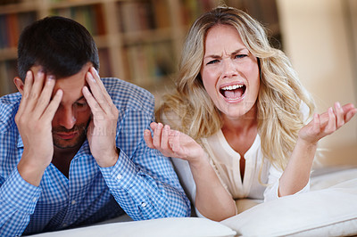 Buy stock photo Frustrated couple, headache and argument with drama in  house for marriage problems, conflict and toxic relationship in lounge with man, woman and therapy for counseling and  advice for divorce