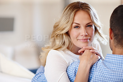Buy stock photo Couple, sofa and closeup with smile in home for relaxation, marriage or love and happiness. Man, woman and portrait with care and cheer in house, romance in living room and relationship with joy