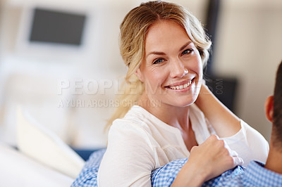 Buy stock photo Couple, sofa and closeup with smile in home for relaxation, marriage or love and happiness. Man, woman and portrait with care and comfort in house, romance in living room with relationship and joy