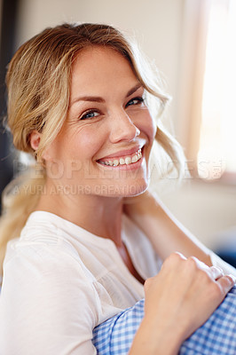 Buy stock photo Woman, sofa and portrait with smile in home for relax, calm or recharge for wellness. Closeup, vacation or female person with happiness or laugh in house, joy for holiday in Manchester or England