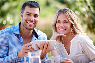 Buy stock photo Happy couple, portrait and tablet in garden for breakfast, internet and communication with family. Male, female and outdoors at home for mobile, meme and social media scrolling for online platform.