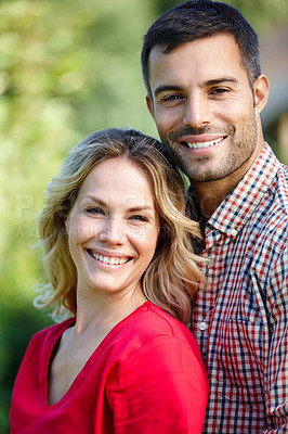 Buy stock photo Happy, man and woman outdoor in portrait for romantic memory, love or relationship together. Couple, smiling and embrace on summer day for affection, caring and bonding with intimate partner