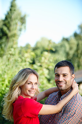 Buy stock photo Couple, hug and smile in park portrait, love and commitment to relationship in outdoor nature. Happy people, bonding and embrace in marriage, romance and together on vacation or holiday date by trees