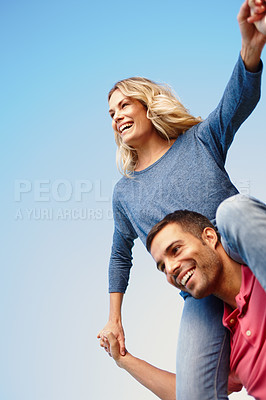 Buy stock photo Man, girlfriend and smile or blue sky on shoulders with sunny, relationship or holiday with outside. Couple, together and happy on vacation or honeymoon for bonding, laughing and summer or dating