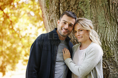 Buy stock photo Portrait, couple and smile in park for love, bonding with care and support in healthy relationship. Man, woman and happy outdoor for date with romance, trust and commitment for marriage or partner