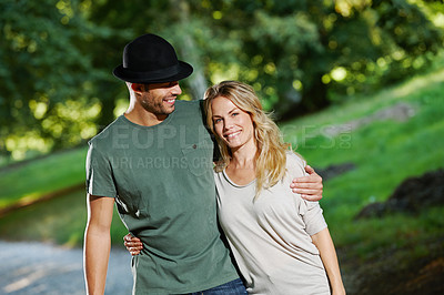 Buy stock photo Couple, hug and walking in park portrait, love and commitment to relationship in outdoor nature. Happy people, bonding and embrace in marriage, romance and together on vacation or holiday date