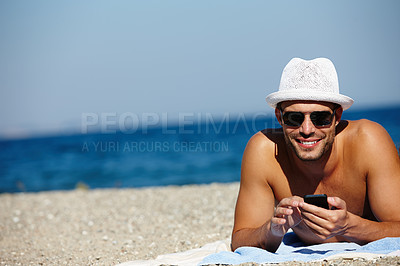 Buy stock photo Man, smartphone and beach in portrait on holiday with seashore on ocean with blue sky in summer for peace. Male person, vacation and relax with phone for memories in cancun with wellness on trip
