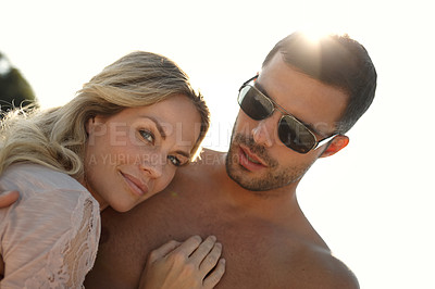 Buy stock photo Couple, beach and portrait on vacation with hug for love in relationship with white background. People, travel and embrace on holiday for trip, summer and sun with mockup in outdoor with sunshine
