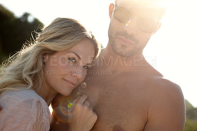 Buy stock photo Couple, portrait and lens flare on vacation with hug for love in relationship in white background. People, embrace and travel on holiday for trip, summer and sun in bali in outdoor with sunshine