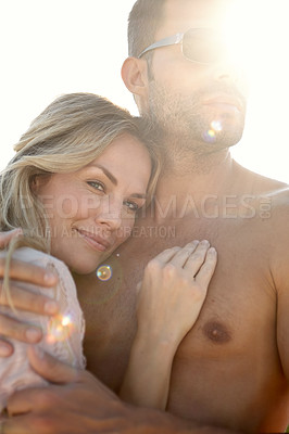 Buy stock photo Couple, lens flare and portrait on vacation with hug for love in relationship on white background. People, embrace and travel on holiday for trip, summer and sun with mockup in outdoor with sunshine
