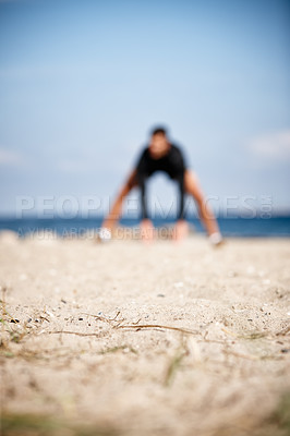 Buy stock photo Runner, blur and stretching with ocean on beach for fitness in health with nature for training. Sand, running and exercise with workout for performance with cardio in sports, healthy and athlete